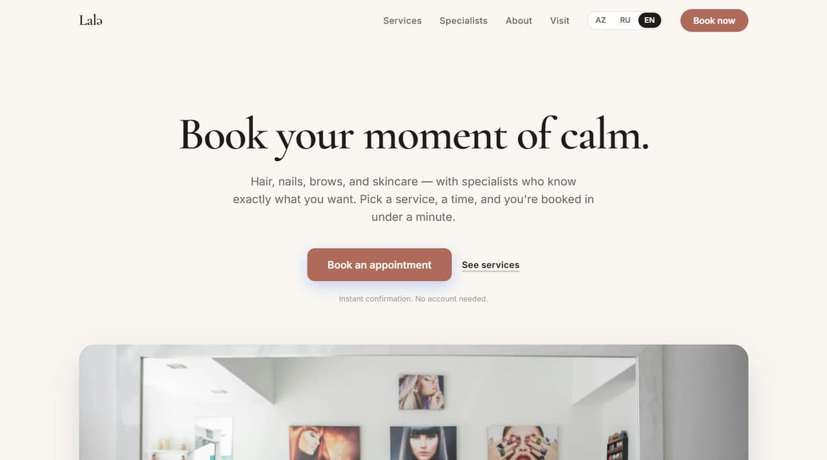 The Lalə Beauty Atelier homepage - a warm ivory hero with a large serif headline and a booking button.